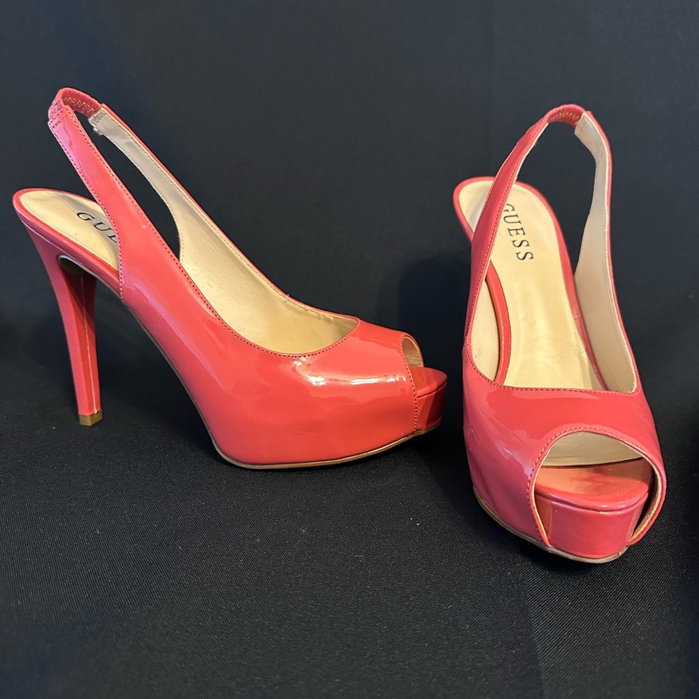 GUESS Coral/Salmon Platform Peep Toe Slingback Heels Sz 6.5 - Picture 6 of 8